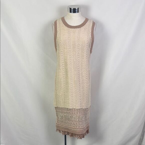 NWT Ecetera Cream Tan Knit Fringe Midi Dress - Picture 1 of 6